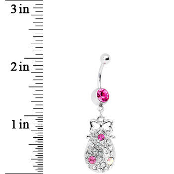 BodyCandy Pink Gem Bow and Paved Teardrop Belly Ring — detail close-up
