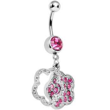 BodyCandy Pink Gem Paved Flower Dotted Line Belly Ring — detail close-up