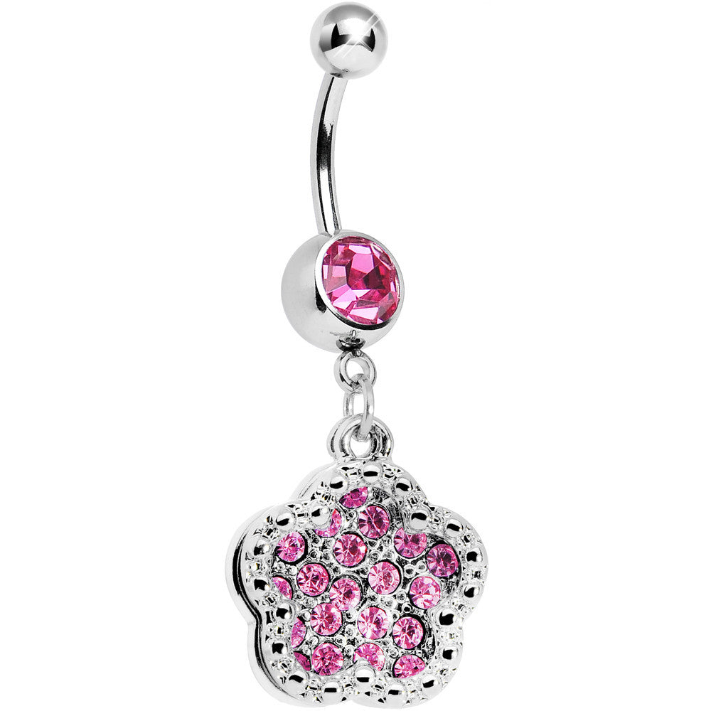 BodyCandy Pink Gem Paved Flower Dotted Line Belly Ring — main product shot