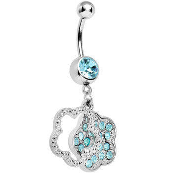 BodyCandy Aqua Gem Paved Flower Dotted Line Belly Ring — detail close-up