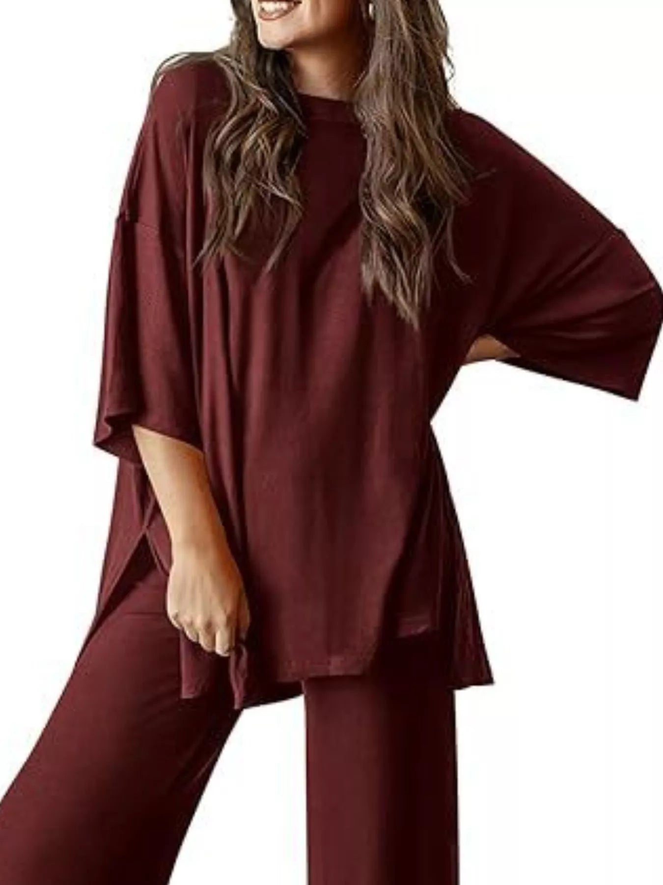 Relaxed Fit Round Neck Top and Pants Two-Piece Set