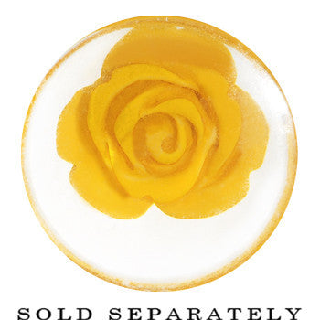 BodyCandy 18mm Clear Acrylic Yellow Floating Rose Flower Saddle Plug — detail close-up