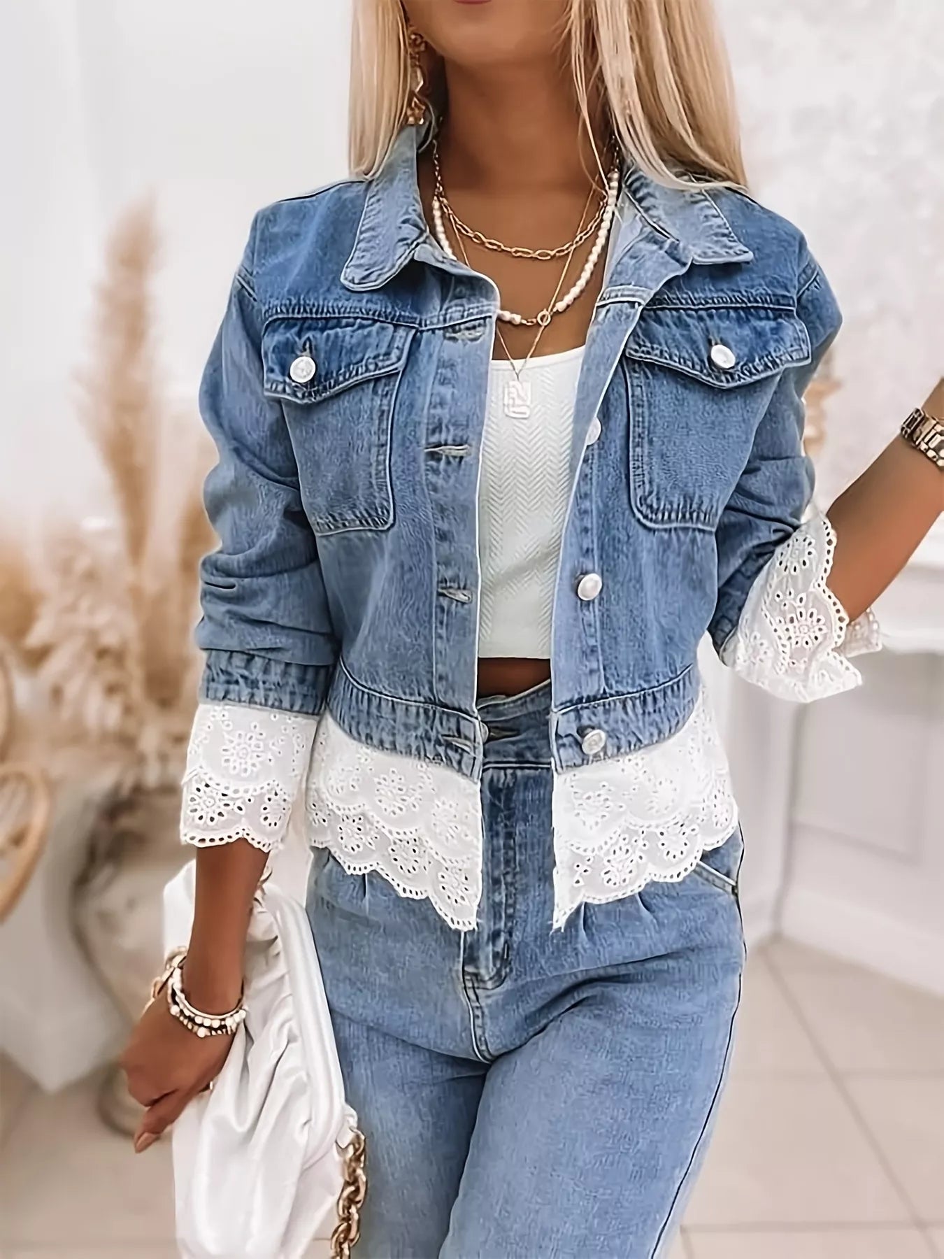 Cropped Denim Jacket with Lace Trim