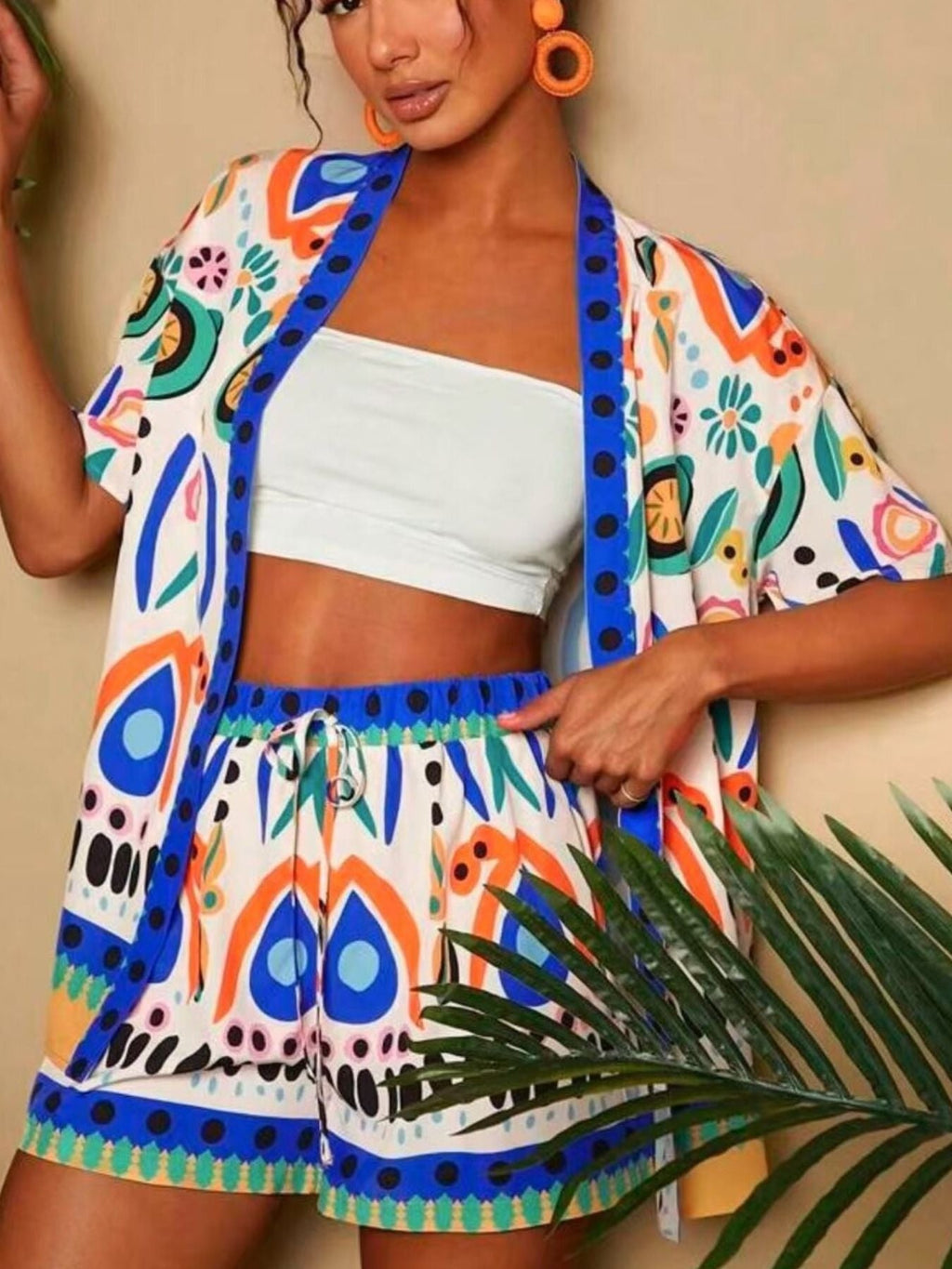 Printed Open Front Cardigan and Shorts Set