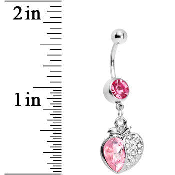 BodyCandy Pink Gem Apple Paved Heart Belly Ring — detail close-up