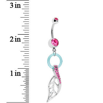 BodyCandy Pink Gem Single Leaf Dangle Belly Ring — detail close-up