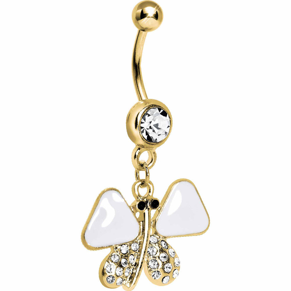 BodyCandy Gold Plated White Enamel Jeweled Butterfly Dangle Belly Ring — main product shot
