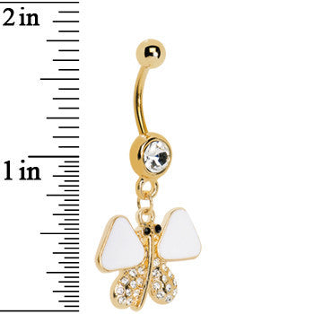 BodyCandy Gold Plated White Enamel Jeweled Butterfly Dangle Belly Ring — detail close-up