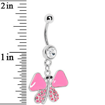 BodyCandy Pink Enamel Jeweled Butterfly Dangle Belly Ring — detail close-up
