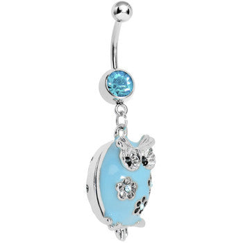 BodyCandy Pretty Blue Whimsical Owl Belly Ring — detail close-up