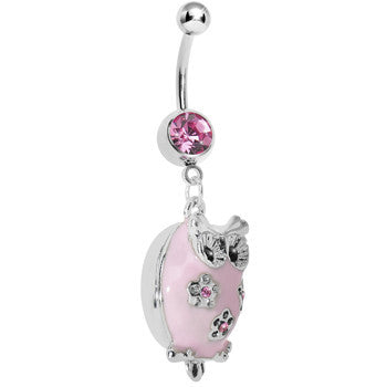 BodyCandy Pretty Pink Whimsical Owl Belly Ring — detail close-up