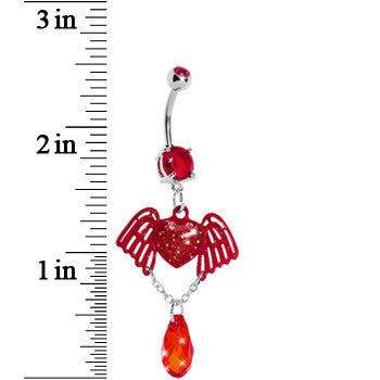 BodyCandy Red Winged Heart Teardrop Gem Dangle Belly Ring — detail close-up