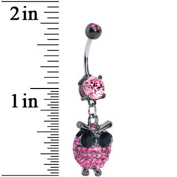 BodyCandy Pink Gem Paved Owl Dangle Belly Ring — detail close-up