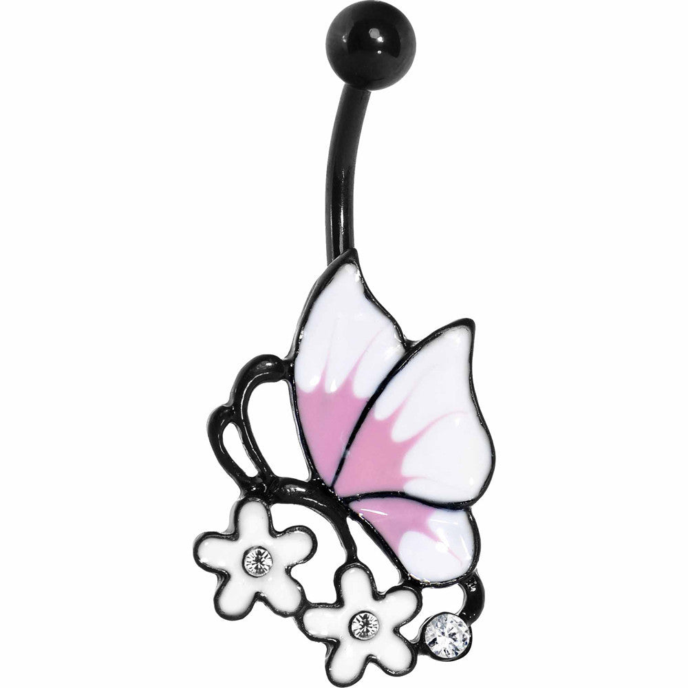 BodyCandy Clear Gem Black Pink Burst White Butterfly Flower Belly Ring — main product shot