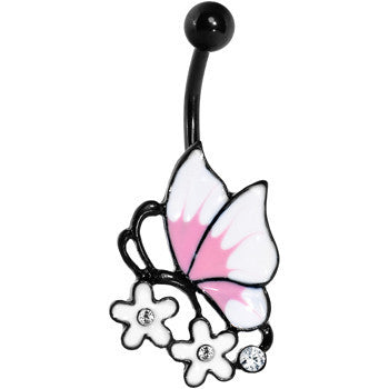BodyCandy Clear Gem Black Pink Burst White Butterfly Flower Belly Ring — detail close-up