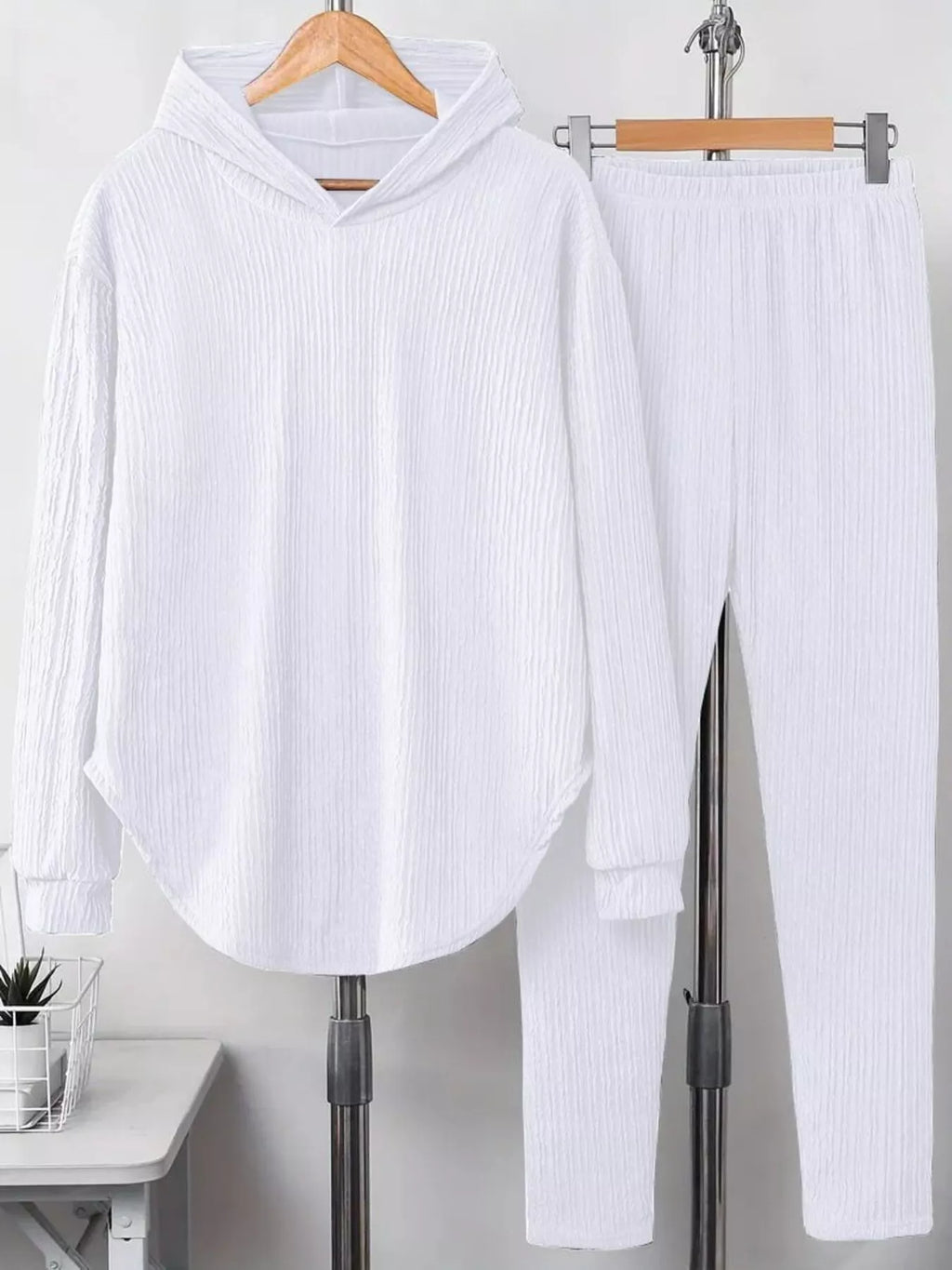 Textured Long Sleeve Hoodie and Pants Set