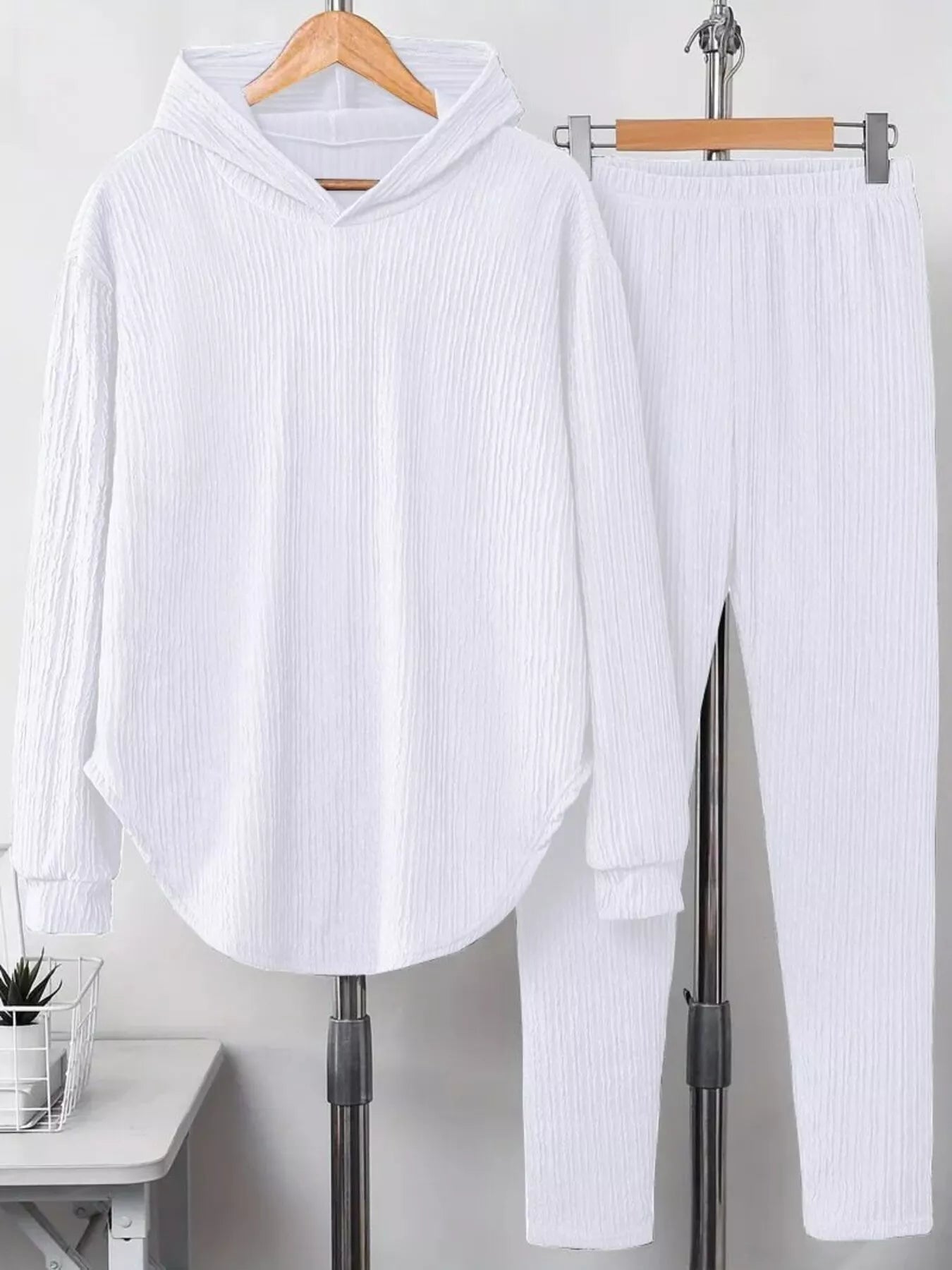 Textured Long Sleeve Hoodie and Pants Set