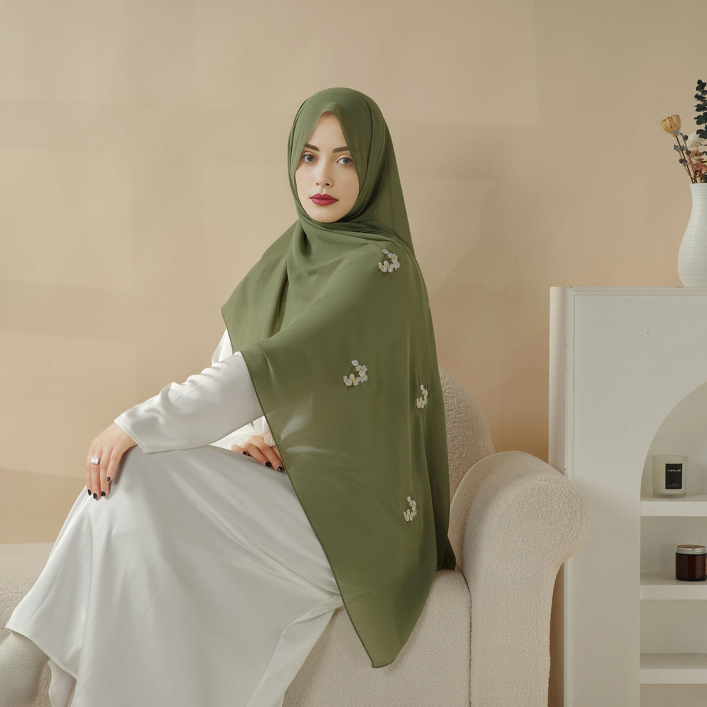 Mariam's Collection Plain Chiffon Shawl Hijab With Embroidery, Extra-Fine Embroidered Hijab (MH077) — lifestyle worn / used context