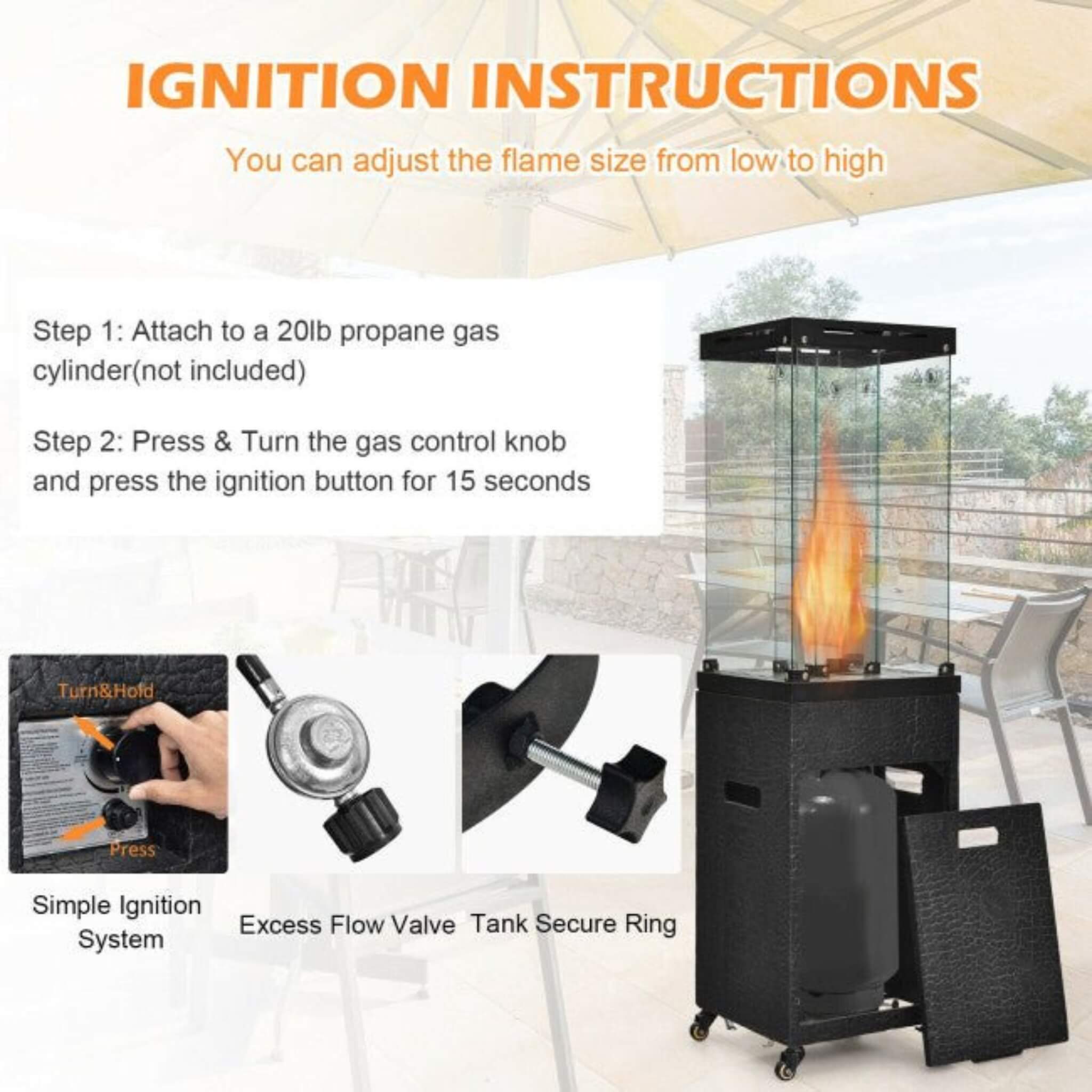 41K BTU Outdoor Propane Gas Patio Heater W/ Lockable Wheels (SAK98052) – SAKSBY WHOLESALE, view 10