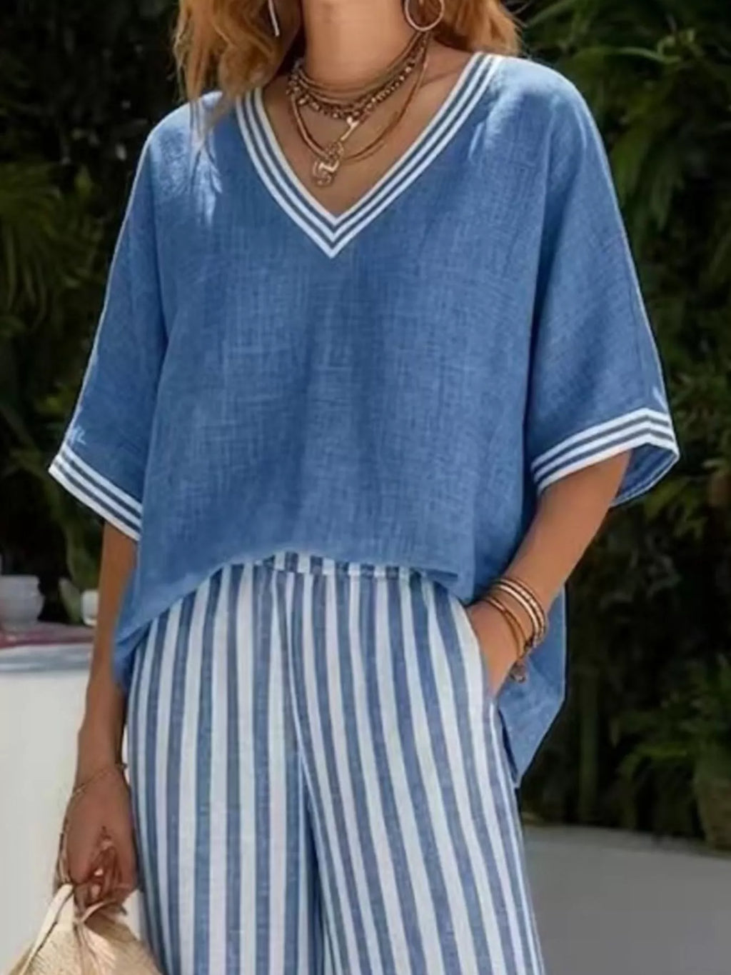 Full Size Striped V-Neck Top and Wide Leg Pants Set Plus Size
