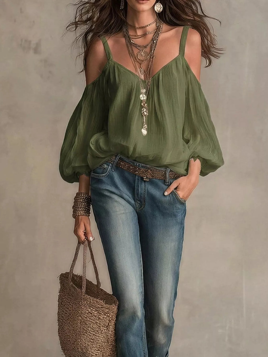 Cold Shoulder Balloon Sleeve Blouse