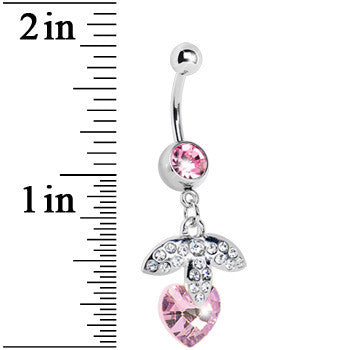 BodyCandy Pink Gem Heart Berry Paved Leaf Belly Ring — detail close-up