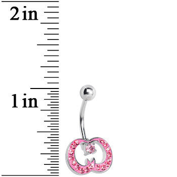 BodyCandy Pink Gem Paved Crescent Ribbon Curls Belly Ring — detail close-up