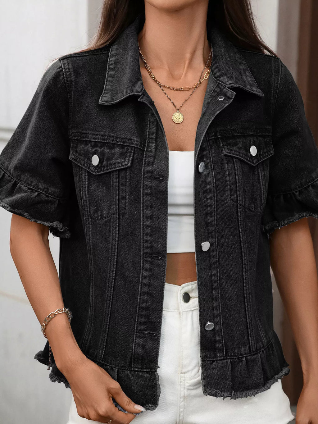 Raw Hem Button Up Denim Jacket