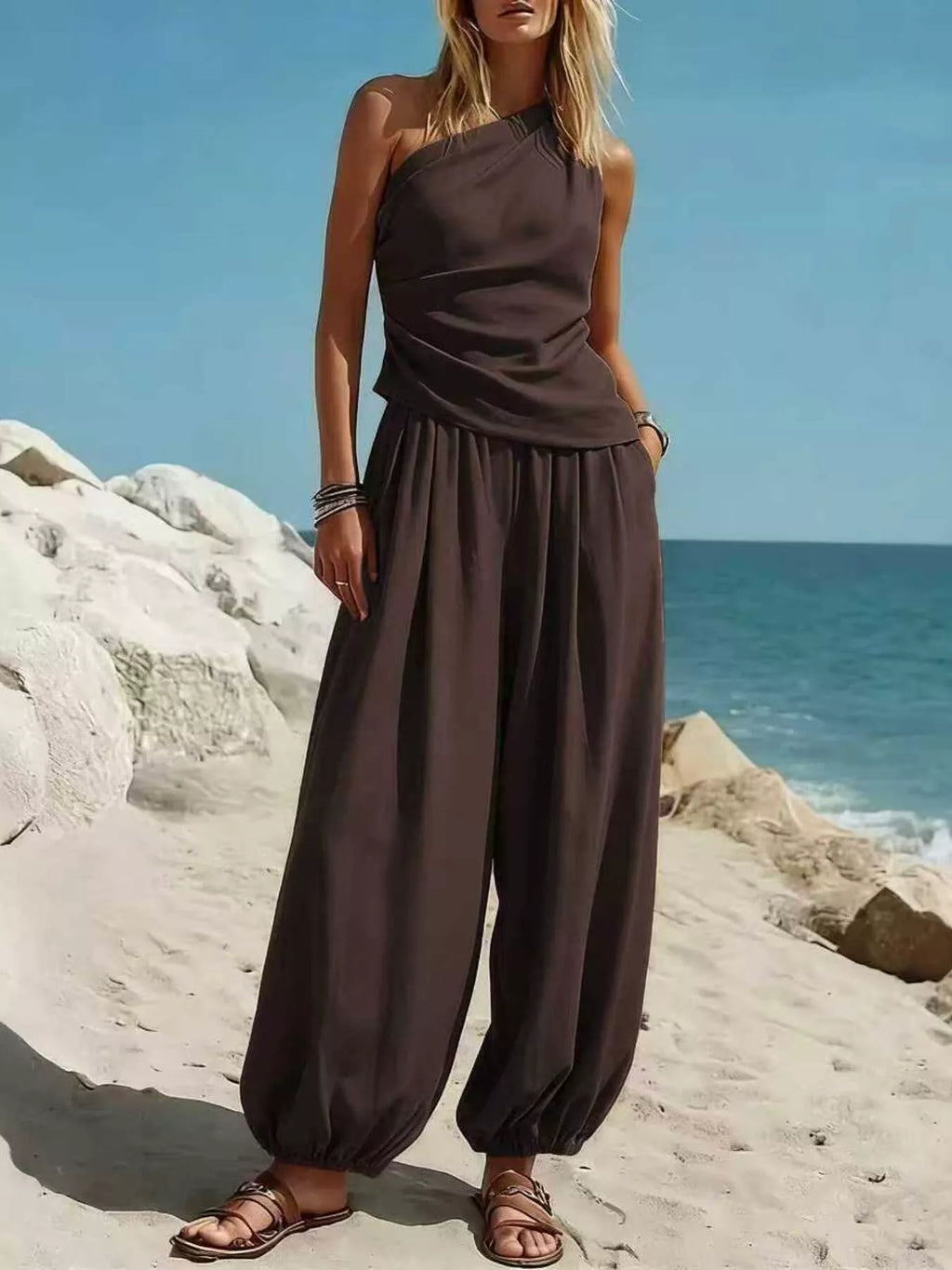 Full Size One-Shoulder Top and Wide Leg Pants Set Plus Size