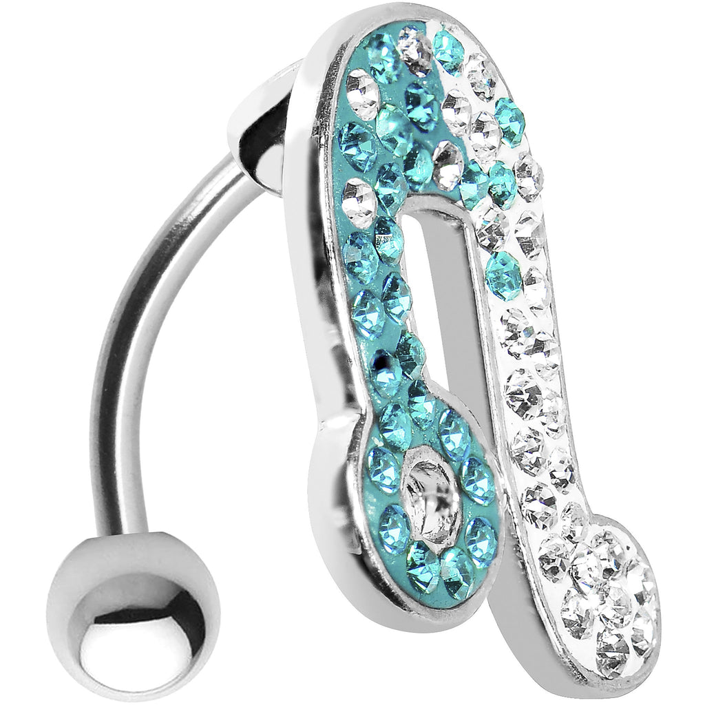 BodyCandy Top Mount Aqua White Crystal Ice Music Note Belly Ring — detail close-up