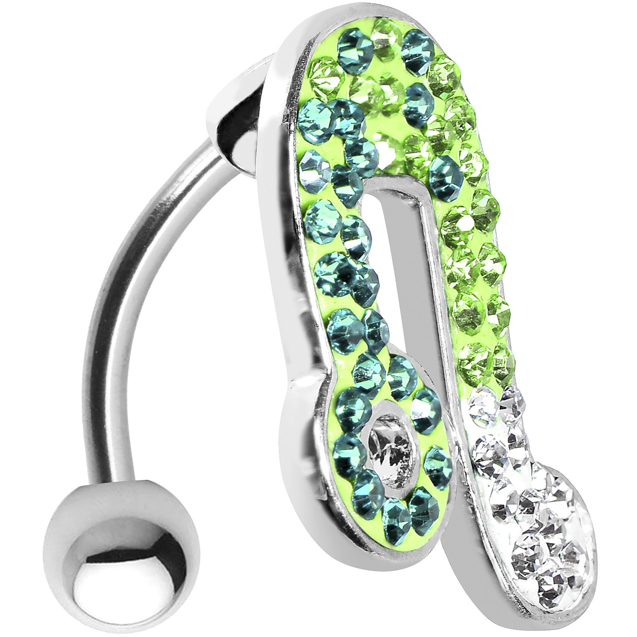 BodyCandy Top Mount Aqua Green Crystal Ice Music Note Belly Ring — detail close-up