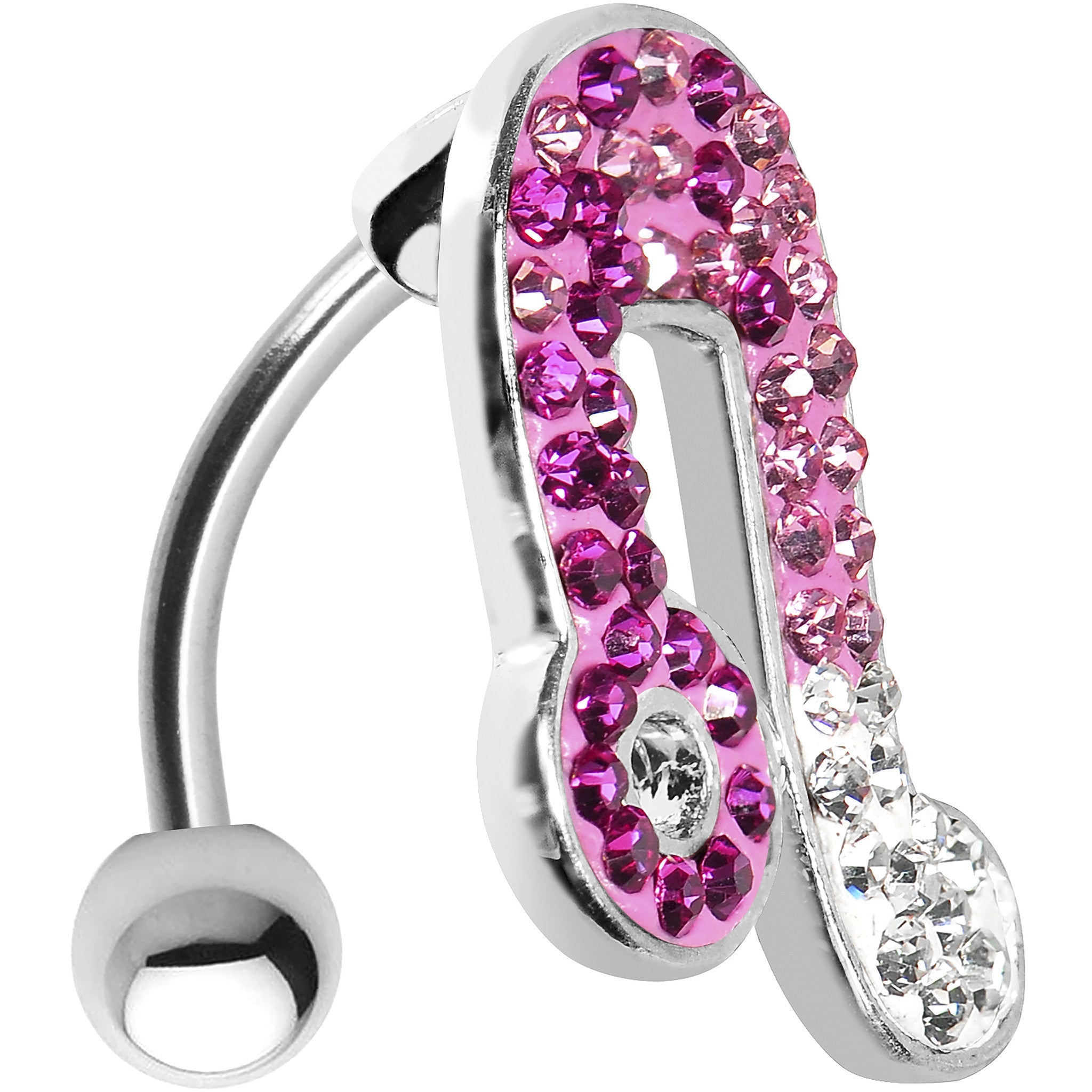 BodyCandy Top Mount Pink White Crystal Ice Music Note Belly Ring — detail close-up