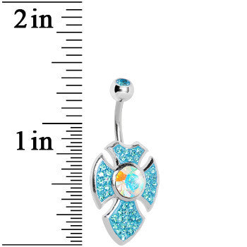 BodyCandy Aqua Gem Aurora Center Latin Cross Belly Ring — detail close-up