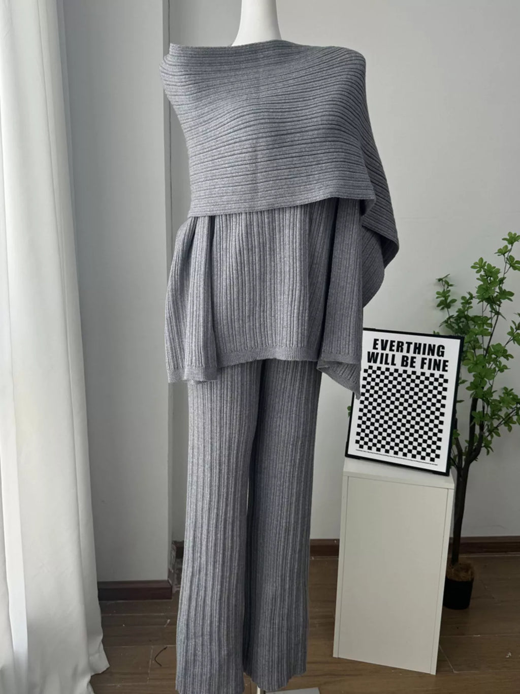 3-Piece Crew Neck Ribbed Sweater and Wide-Leg Pants Set with Scarf