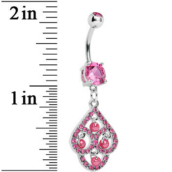 BodyCandy Pink Gem Faux Pearl Swirl Dangle Belly Ring — detail close-up