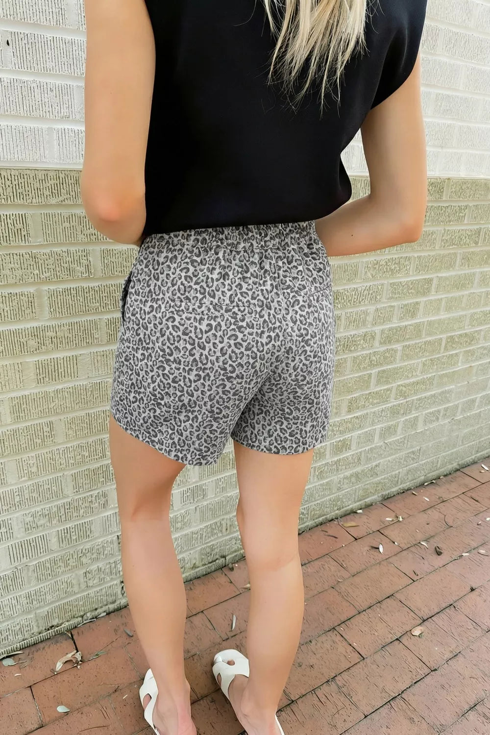 Leopard Print Elastic Waist Denim Shorts