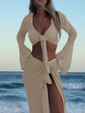 Crochet Knit Long Sleeve Crop Top and Slit Skirt Sweater Set