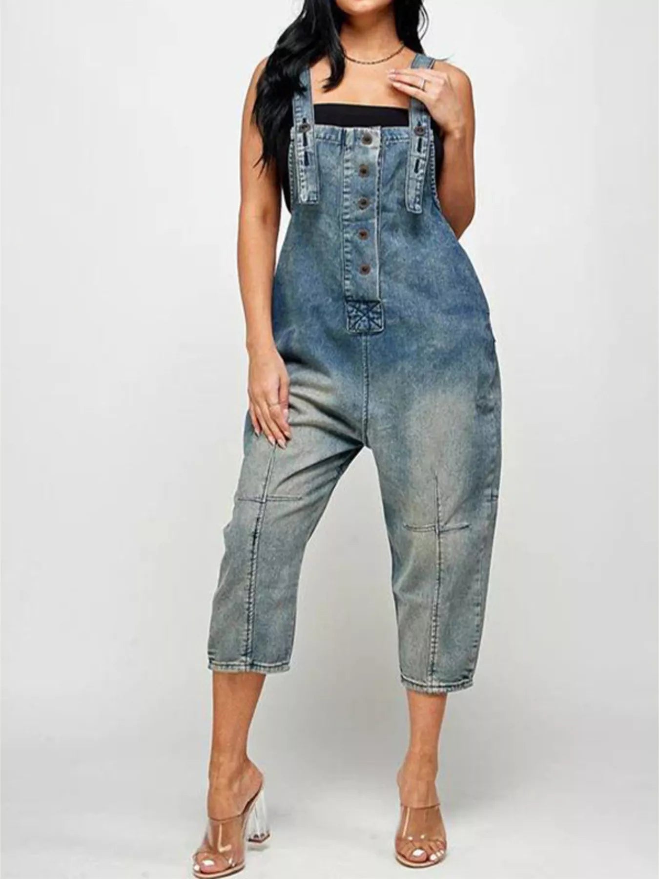 Full Size Button Front Denim Overalls with Pockets Plus Size