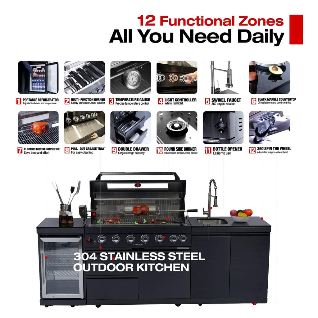 Castelle Flame Belmont 43-Inch 6-Burner 85K BTU Stainless Steel Outdoor BBQ Kitchen Grill Island With Wine Cooler, Rotisserie