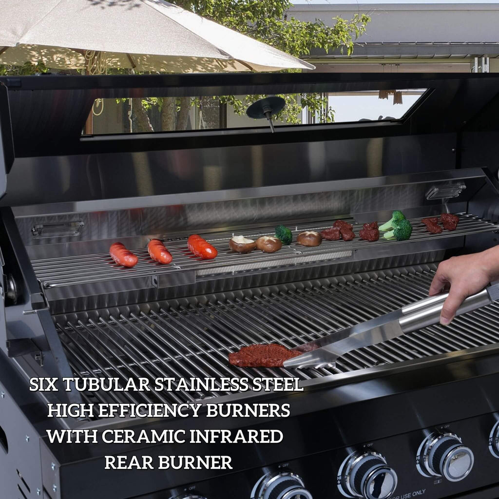Castelle Flame Belmont 43-Inch 6-Burner 85K BTU Stainless Steel Outdoor BBQ Kitchen Grill Island With Wine Cooler, Rotisserie