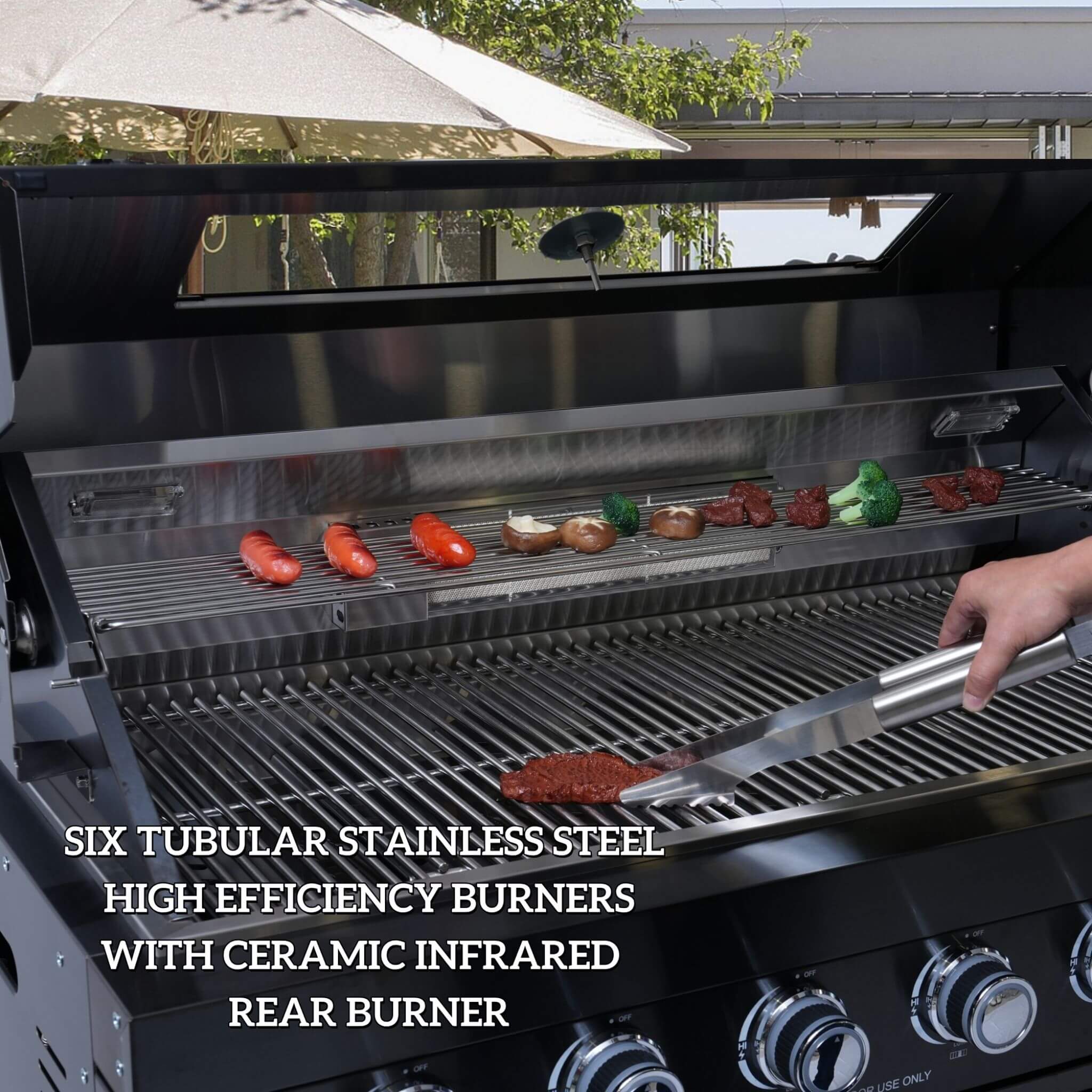 Castelle Flame Belmont 43-Inch 6-Burner 85K BTU Stainless Steel Outdoor BBQ Kitchen Grill Island With Wine Cooler, Rotisserie