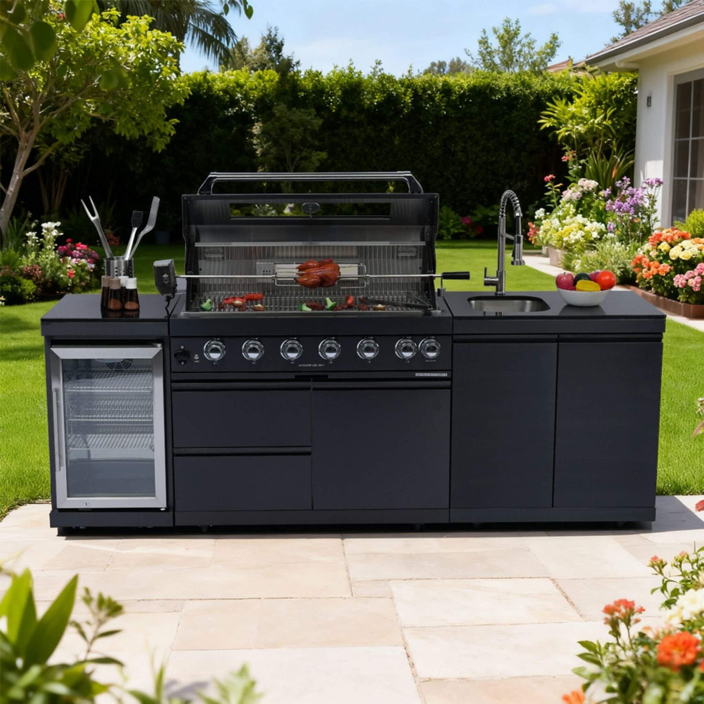 Castelle Flame Belmont 43-Inch 6-Burner 85K BTU Stainless Steel Outdoor BBQ Kitchen Grill Island With Wine Cooler, Rotisserie