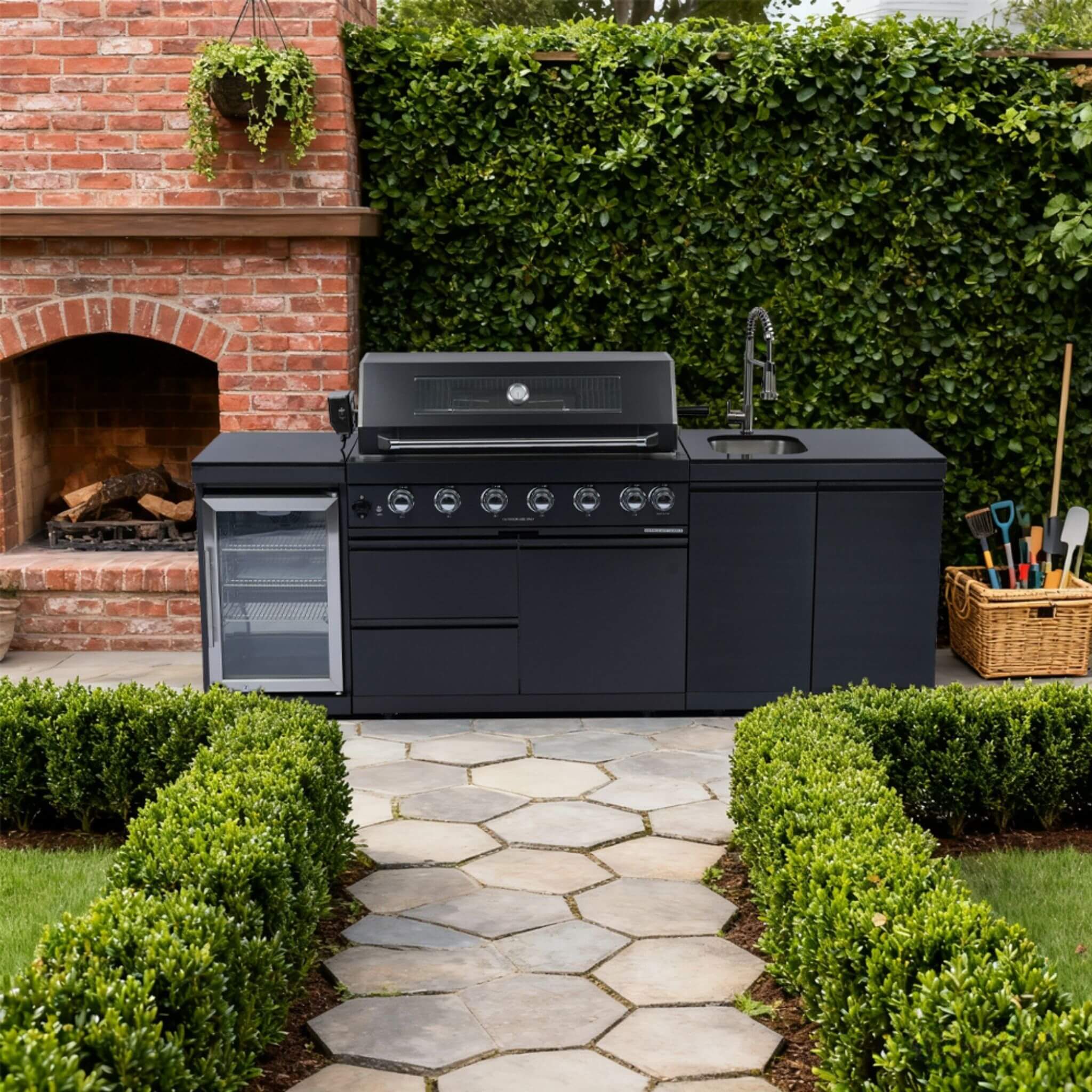 Castelle Flame Belmont 43-Inch 6-Burner 85K BTU Stainless Steel Outdoor BBQ Kitchen Grill Island With Wine Cooler, Rotisserie