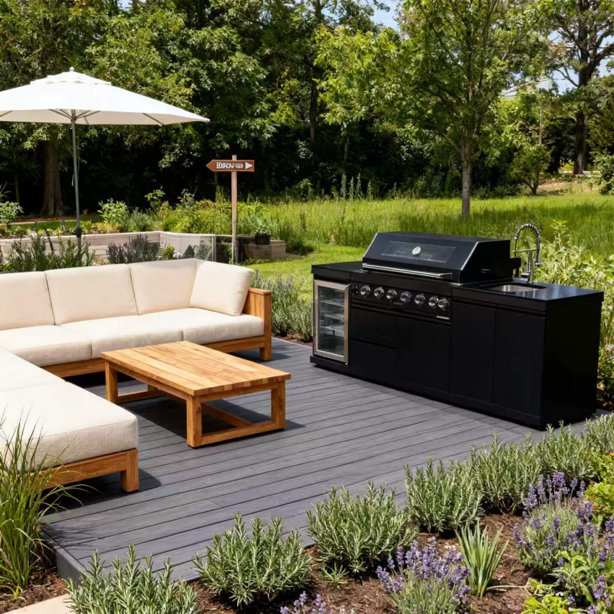 Castelle Flame Belmont 43-Inch 6-Burner 85K BTU Stainless Steel Outdoor BBQ Kitchen Grill Island With Wine Cooler, Rotisserie