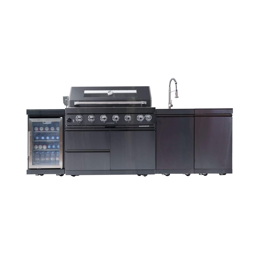 Castelle Flame Belmont 43-Inch 6-Burner 85K BTU Stainless Steel Outdoor BBQ Kitchen Grill Island With Wine Cooler, Rotisserie