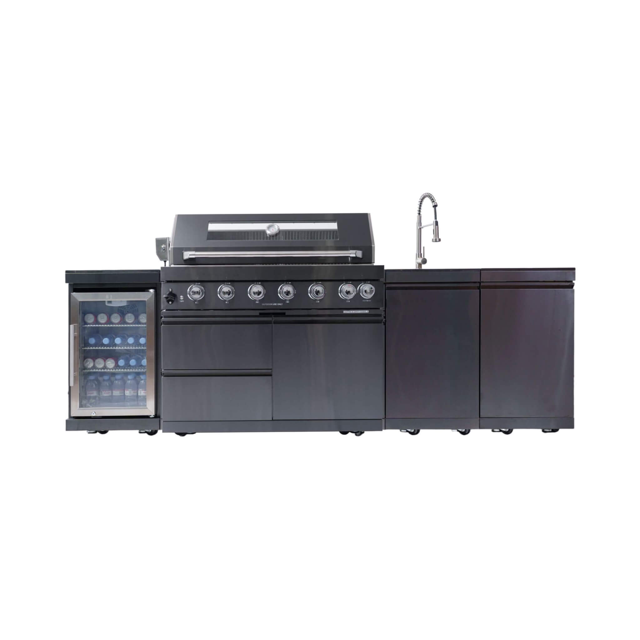 Castelle Flame Belmont 43-Inch 6-Burner 85K BTU Stainless Steel Outdoor BBQ Kitchen Grill Island With Wine Cooler, Rotisserie