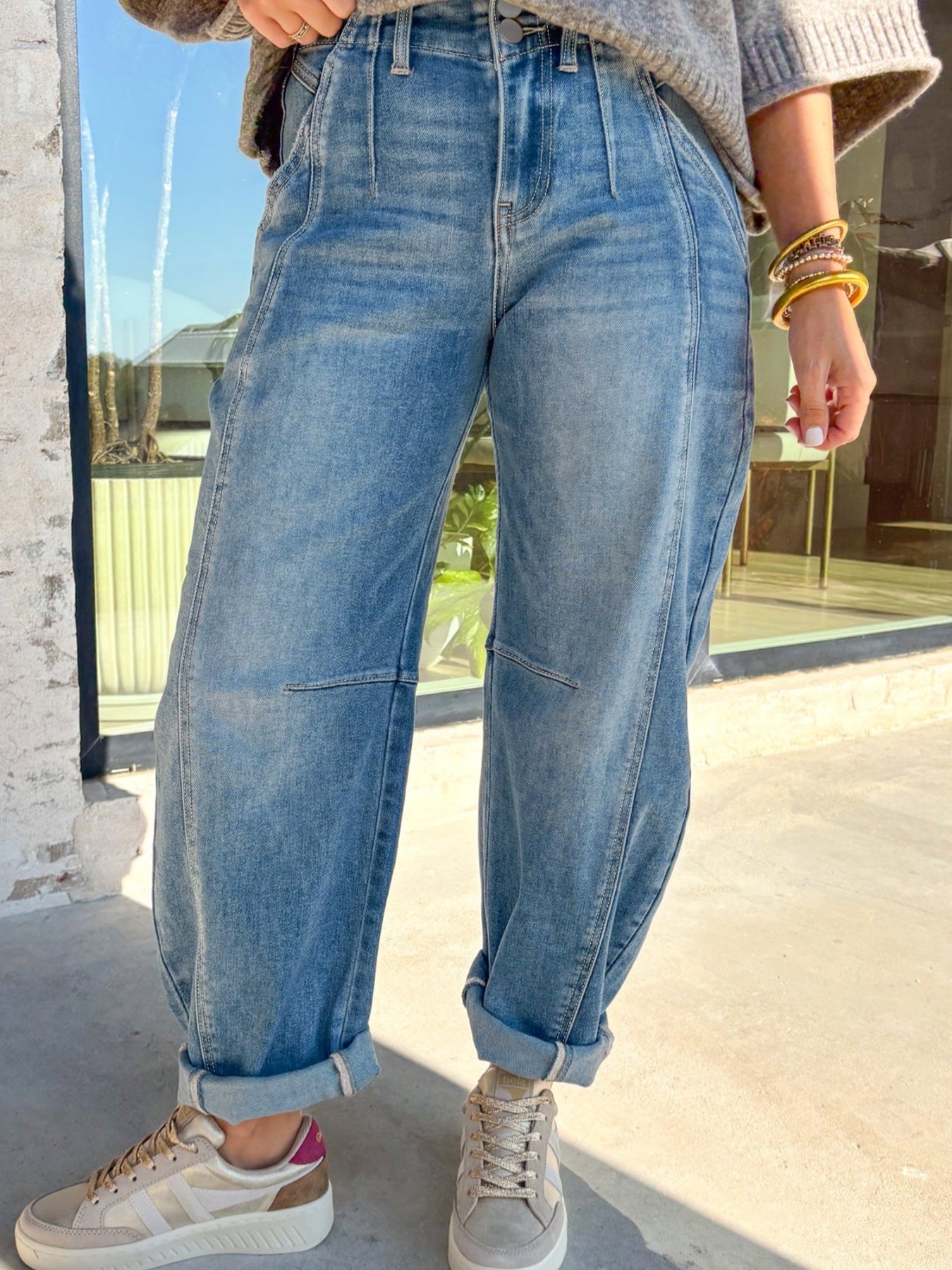Washed Cuffed Barrel Jeans