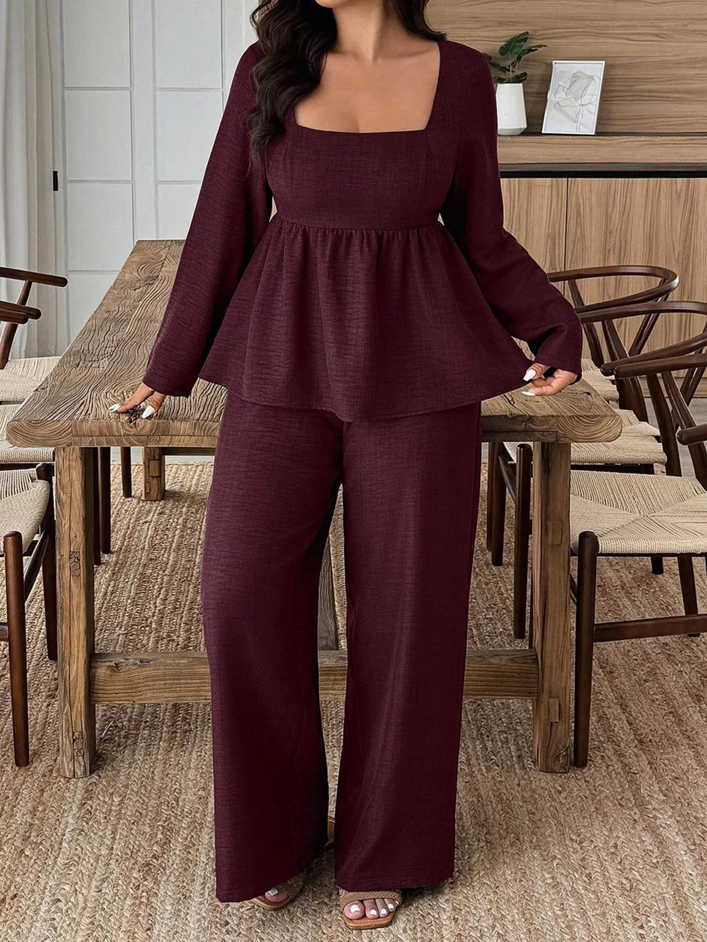 Plus Size Square Neck Long Sleeve Top and Pants Two-Piece Set