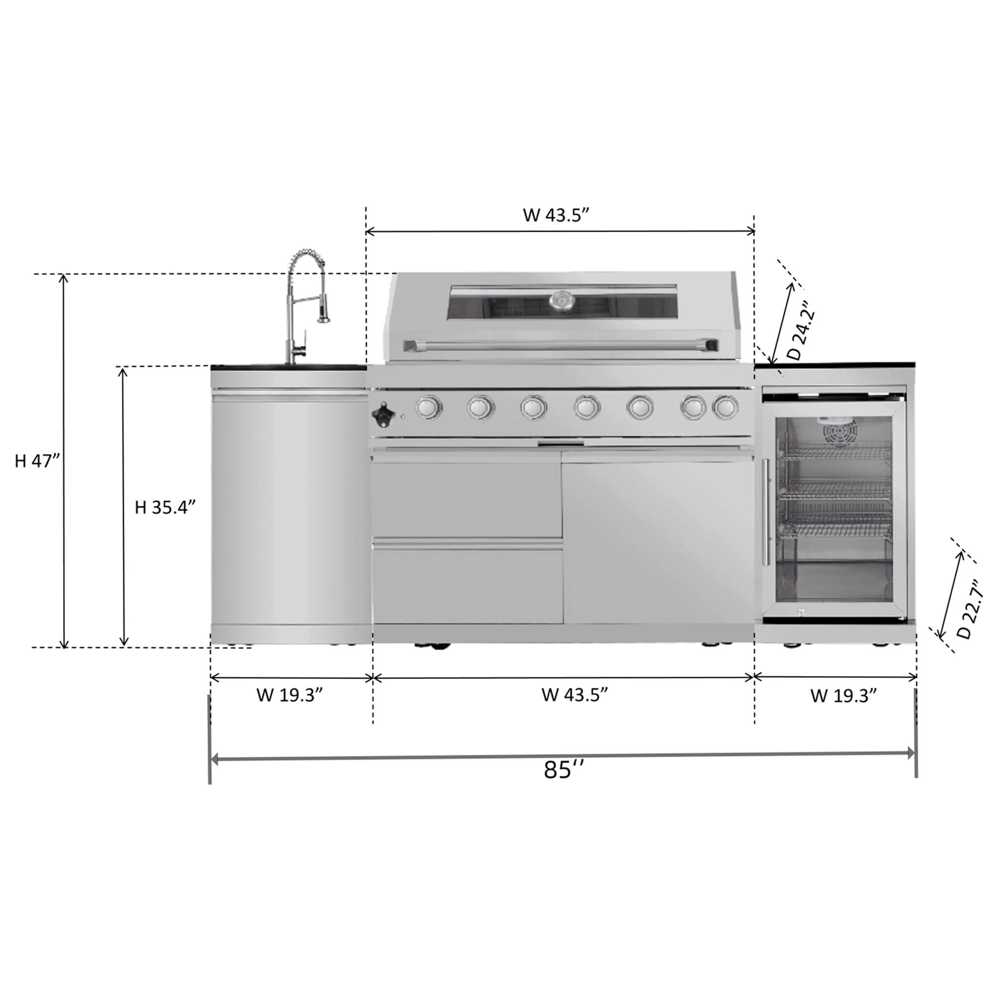 Castelle Flame Verona 44-Inch 6-Burner 85K BTU Stainless Steel Outdoor BBQ Kitchen Grill Island With Wine Cooler, Rotisserie 