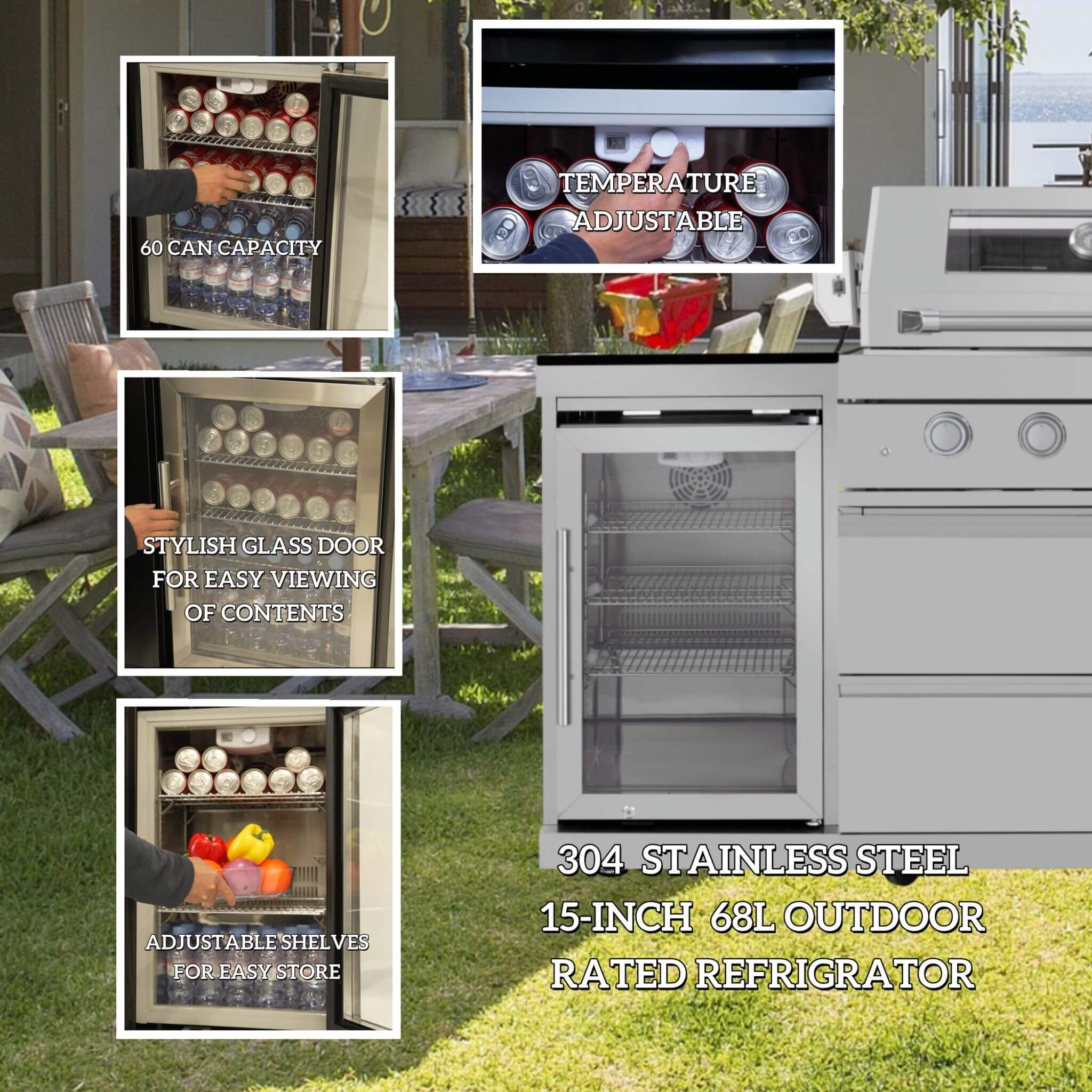 Castelle Flame Verona 44-Inch 6-Burner 85K BTU Stainless Steel Outdoor BBQ Kitchen Grill Island With Wine Cooler, Rotisserie 